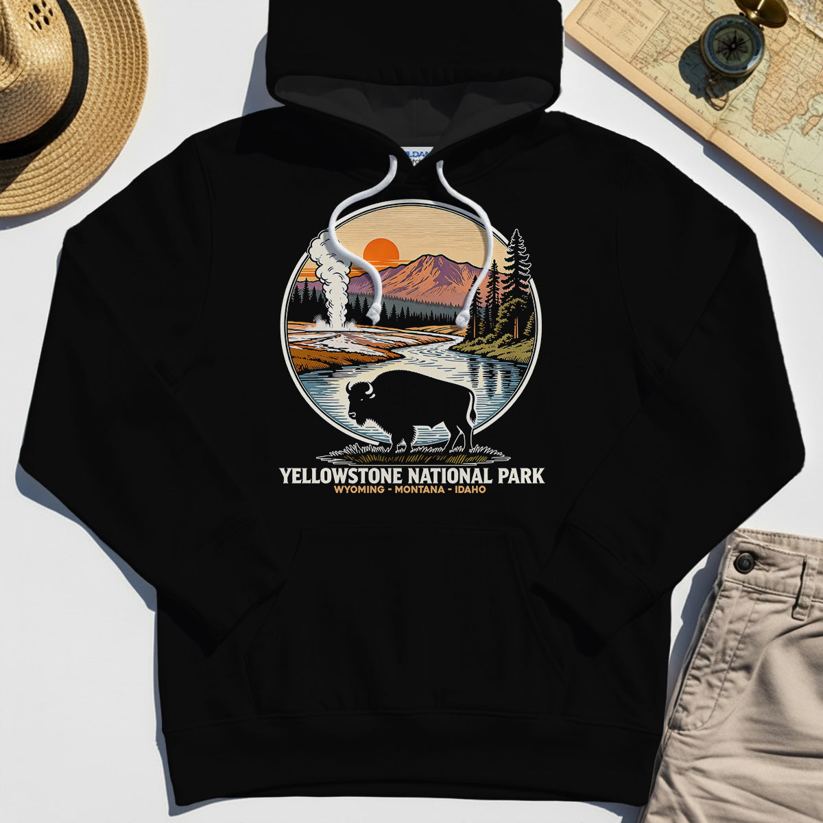 Retro Yellowstone National Park Hoodie, Bison Silhouette Outdoor Adventure Hoodies For Nature Campers 2