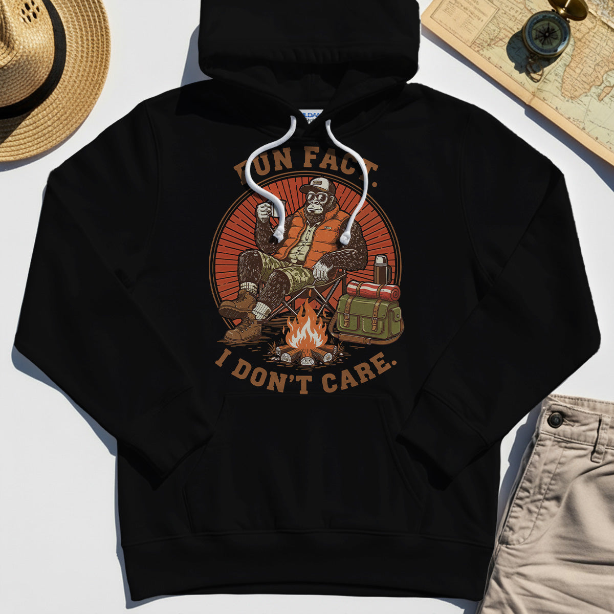 Funny Bigfoot Camping Hoodie, "Fun Fact I Don’t Care” 2