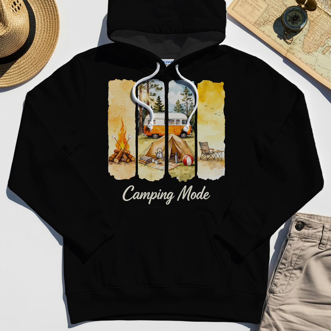 Van Life and Campfire Hoodies, Watercolor Campfire and Tent Graphic Hoodie For Outdoor Lovers 1