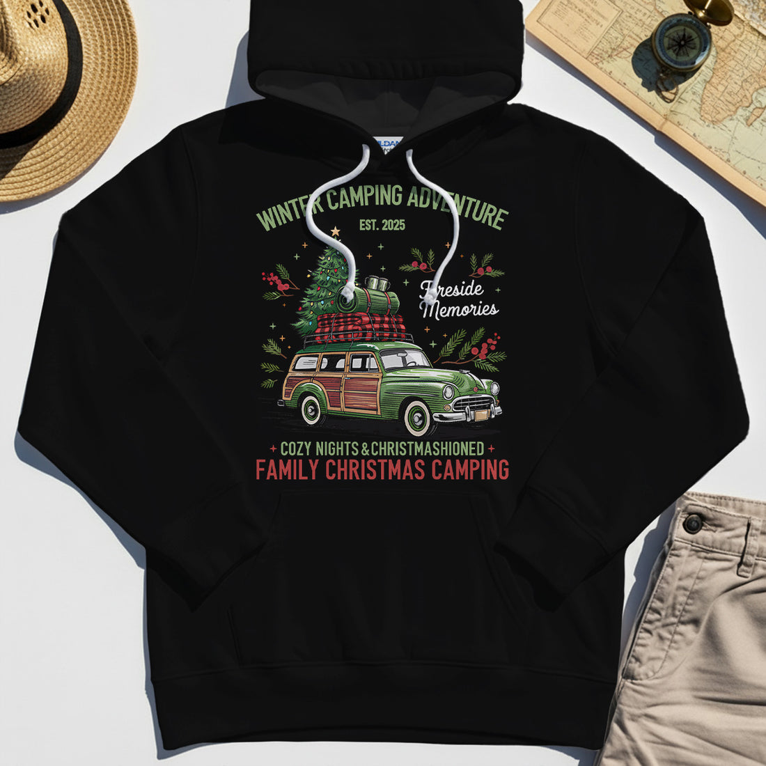 Winter Camping Adventure Hoodie, Retro Car with Tree Family Christmas Camping Hoodies 1