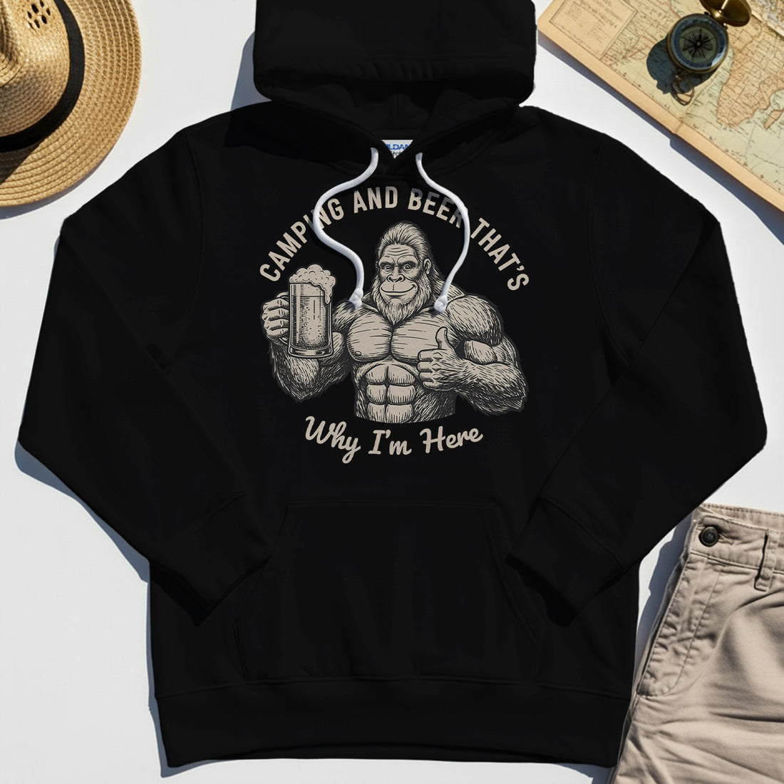 "Camping and Beer That’s Why I’m Here" Funny Bigfoot Camping Hoodie 1