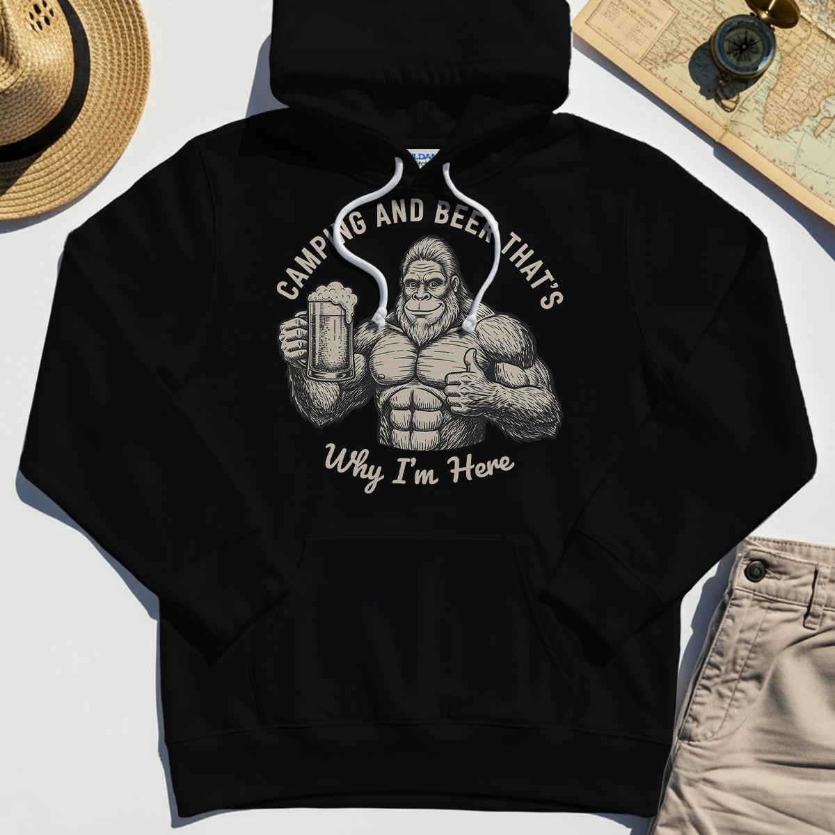 "Camping and Beer That’s Why I’m Here" Funny Bigfoot Camping Hoodie 2
