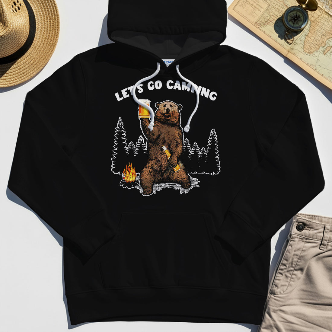 Let’s Go Camping Hoodie, Funny Beer Drinking Bear Graphic Hoodies For Outdoor & Camping Lovers 1