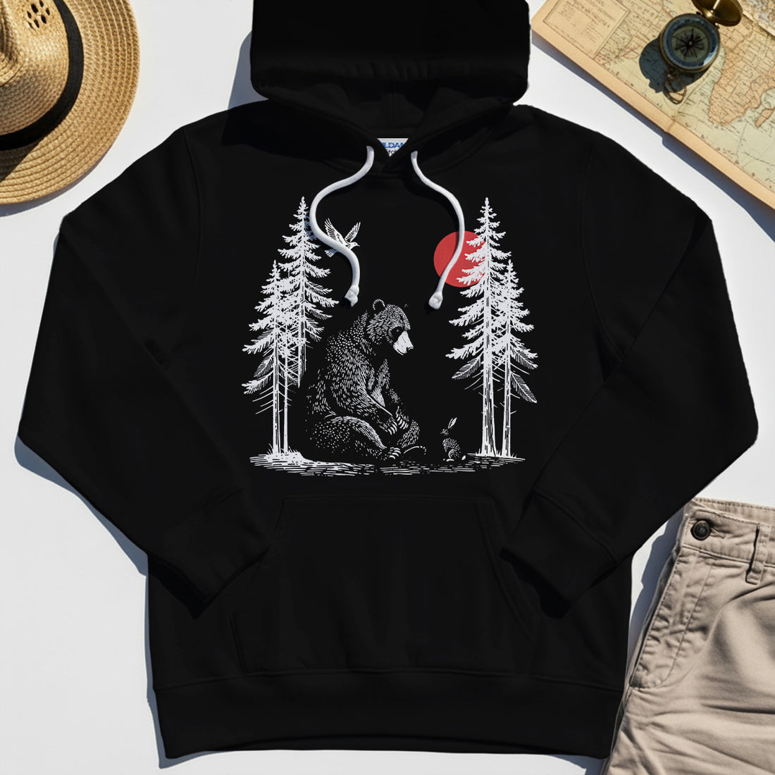 Bear and Bunny Under Red Sun Hoodie, Vintage Forest Nature Graphic Hoodie, Wildlife Art HoodieFor Outdoor Lovers 1
