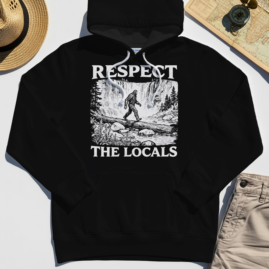 Bigfoot Respect The Locals Hoodie, Vintage Waterfall Hiking Graphic Hoodie For Camper And Adventurers 1