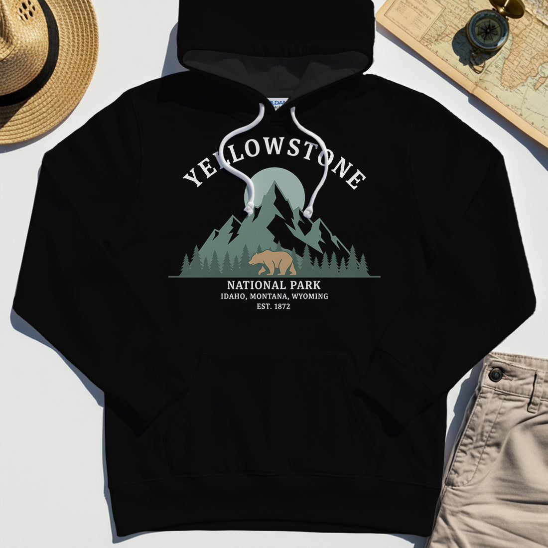 Yellowstone National Park Hoodie, Bear & Pines Mountain Graphic Hoodies 1
