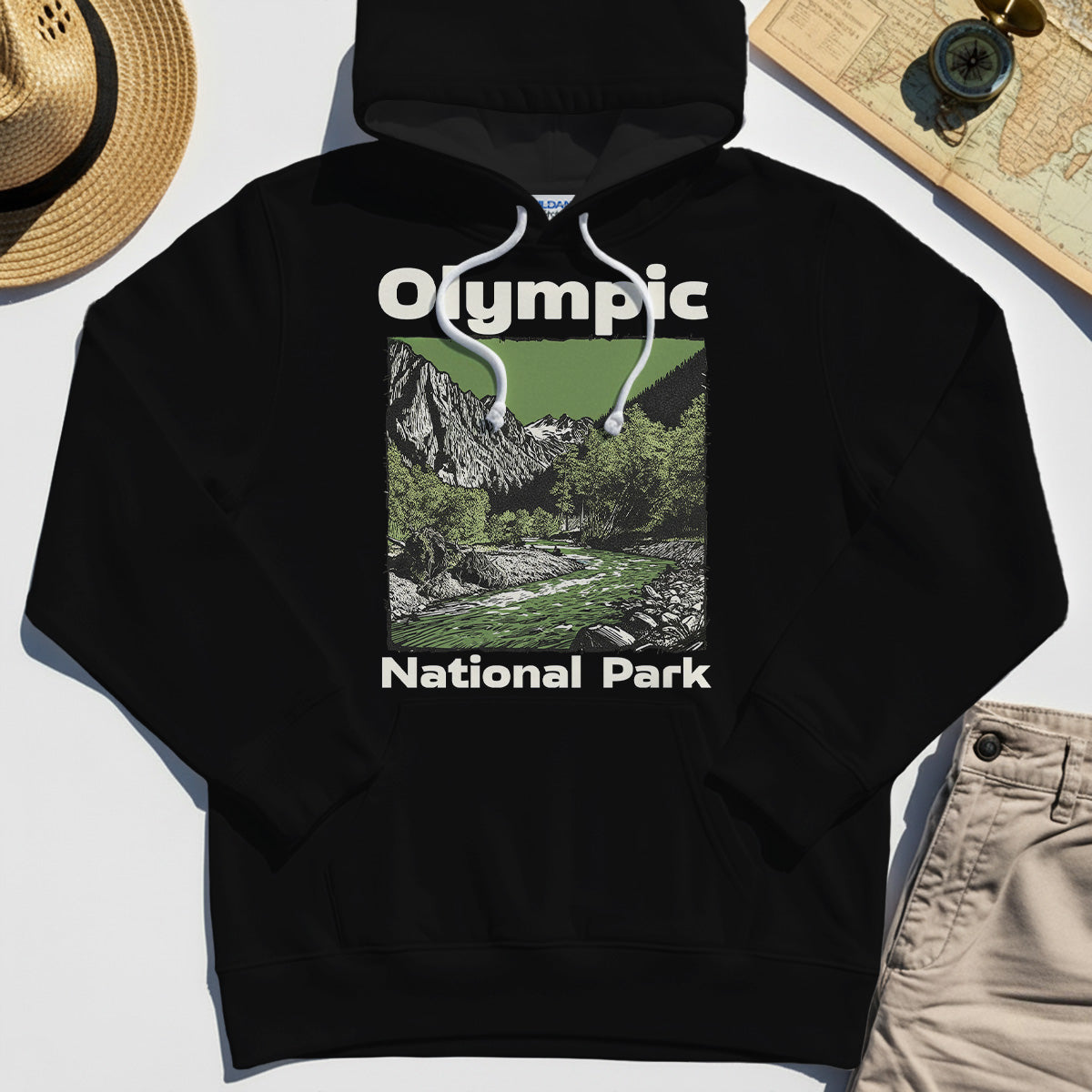 Olympic National Park Hoodie, Vintage Mountain River Scene Hoodies For Outdoor Adventure Campers 2