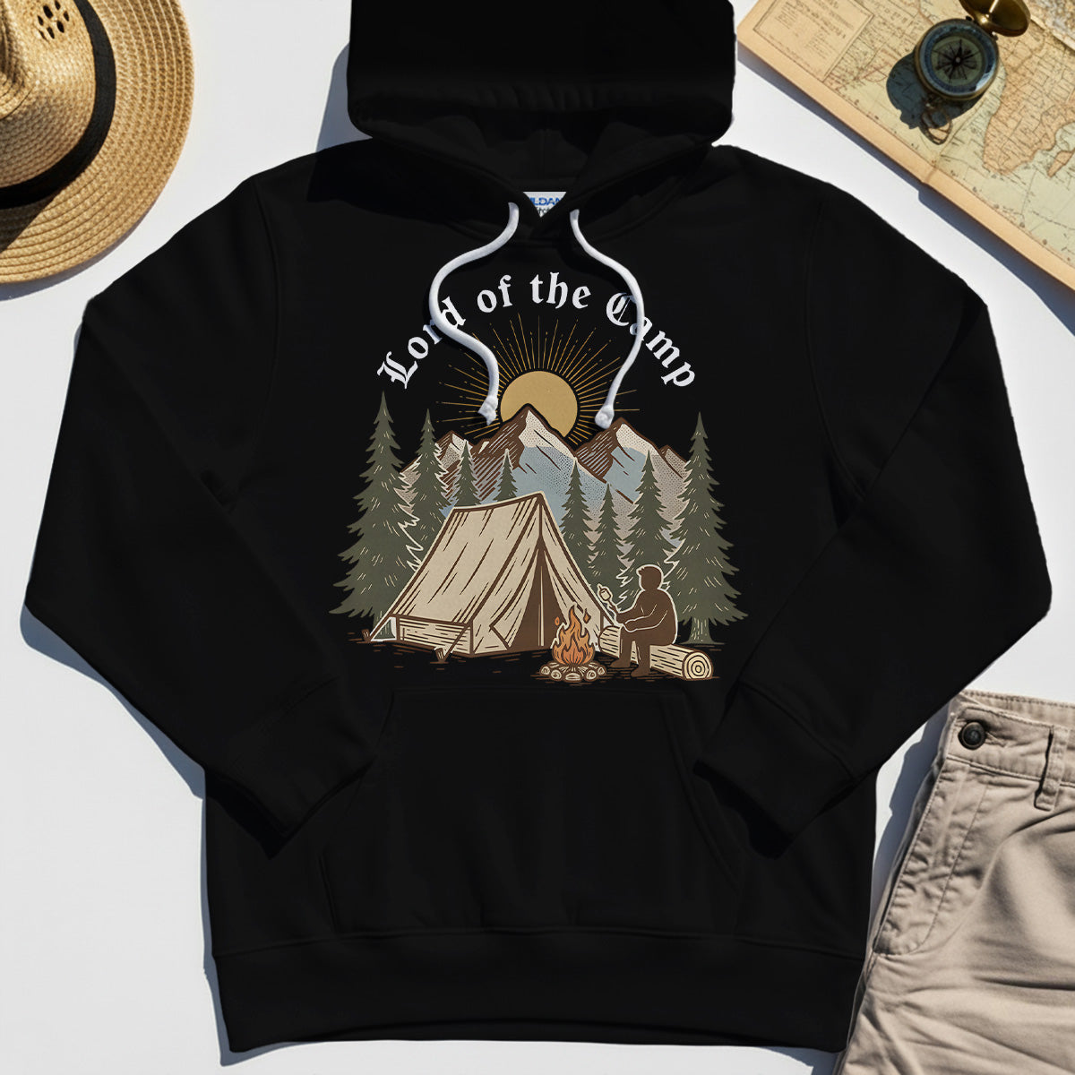 Vintage Lord of the Camp Campfire Hoodie, Tent And Campfire Mountain Scene Hoodie 2
