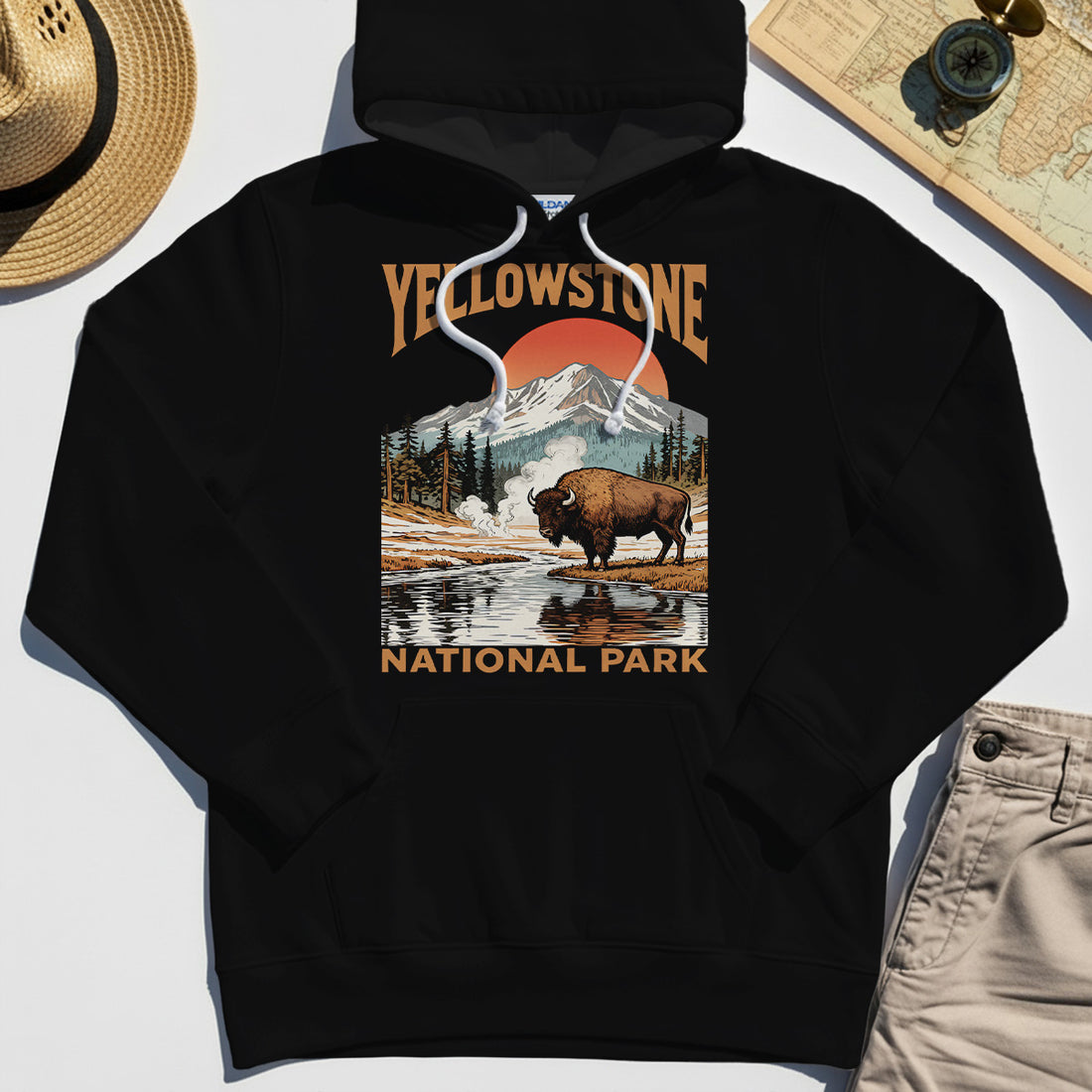Yellowstone National Park Hoodie, Vintage Bison Sunset Mountain Hoodie For Campers 1