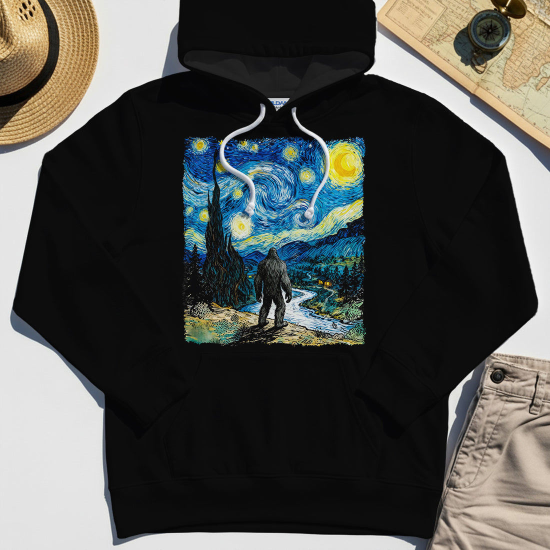 Funny Sasquatch Van Gogh Parody Hoodie, Bigfoot Starry Night Hoodie 1