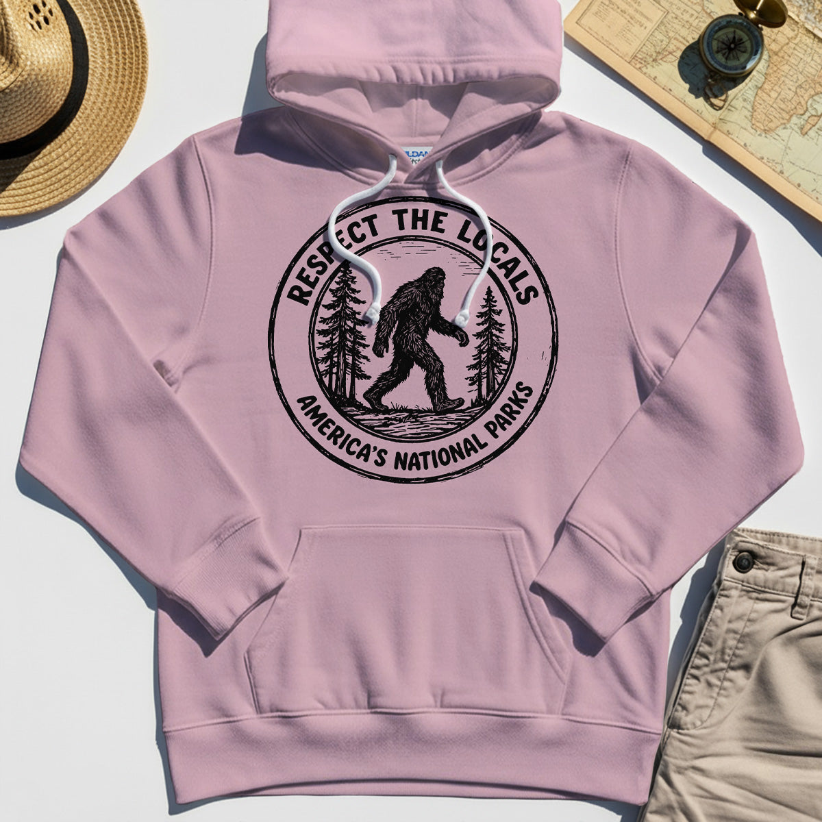 Retro Respect the Locals Bigfoot Hoodie, Funny Sasquatch National Park Camping Hoodie 2