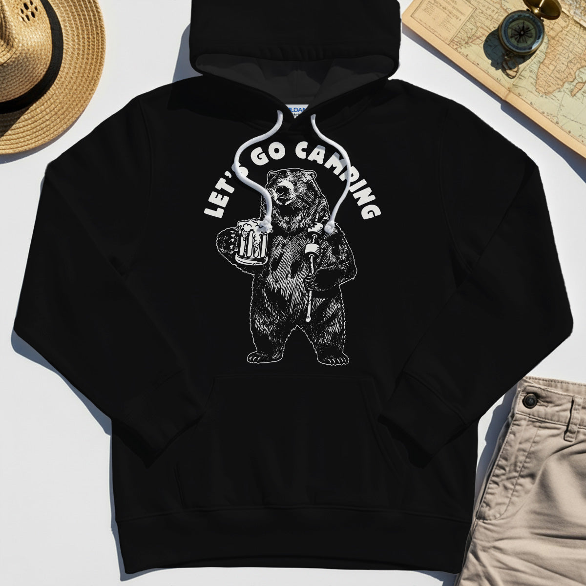 Let’s Go Camping Funny Bear Drinking Beer Hoodie, Beer Lover Hoodie For Outdoor Adventure & Camping Fans 1