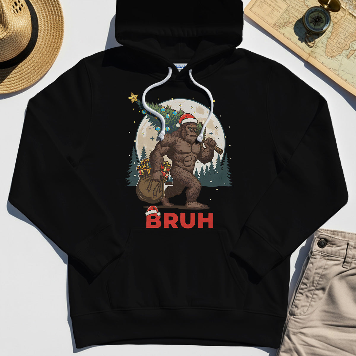 Bigfoot Christmas "BRUH" Hoodie, Retro Santa Hat Sasquatch Carrying Christmas Tree Hoodie 2