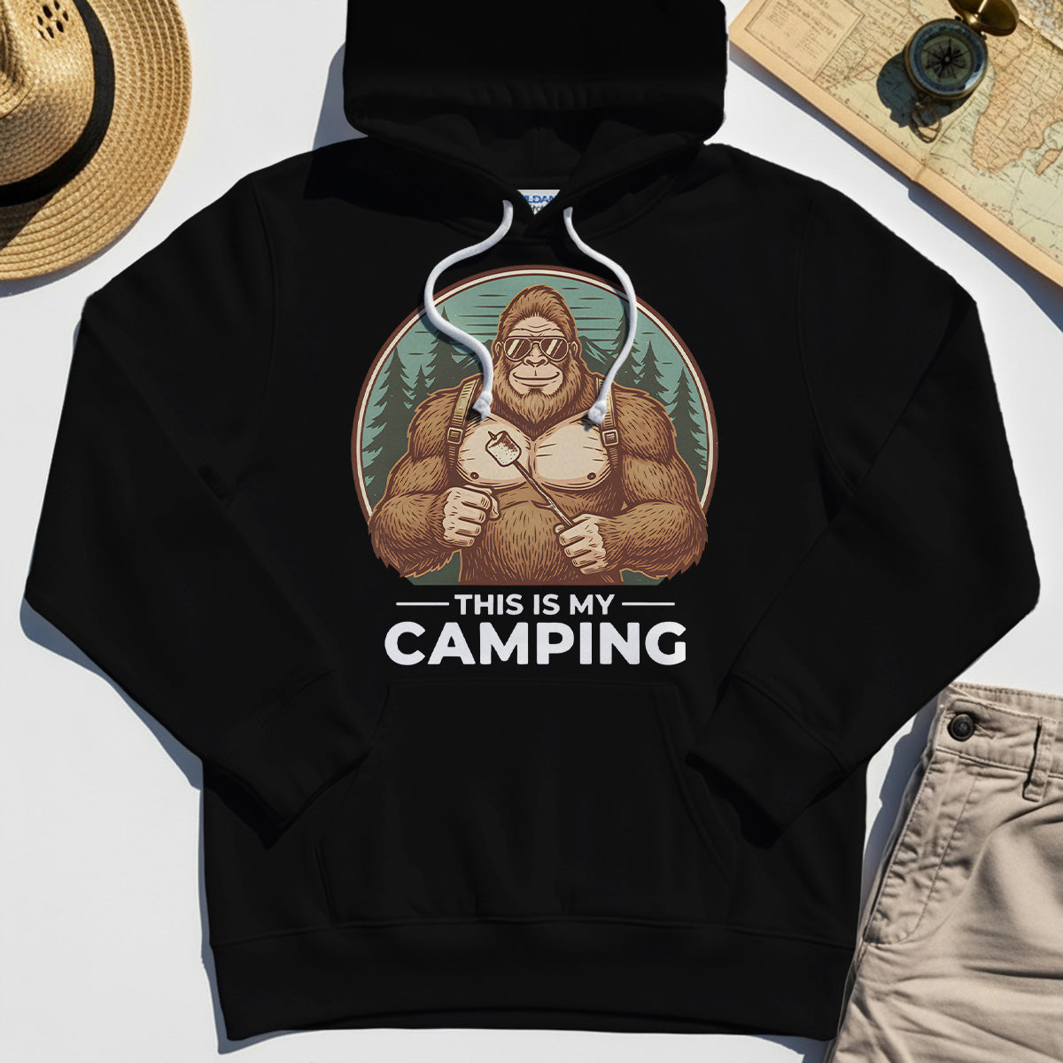 Funny Bigfoot Camping Hoodie "This Is My Camping”, Sasquatch With Marshmallow Hoodie 1