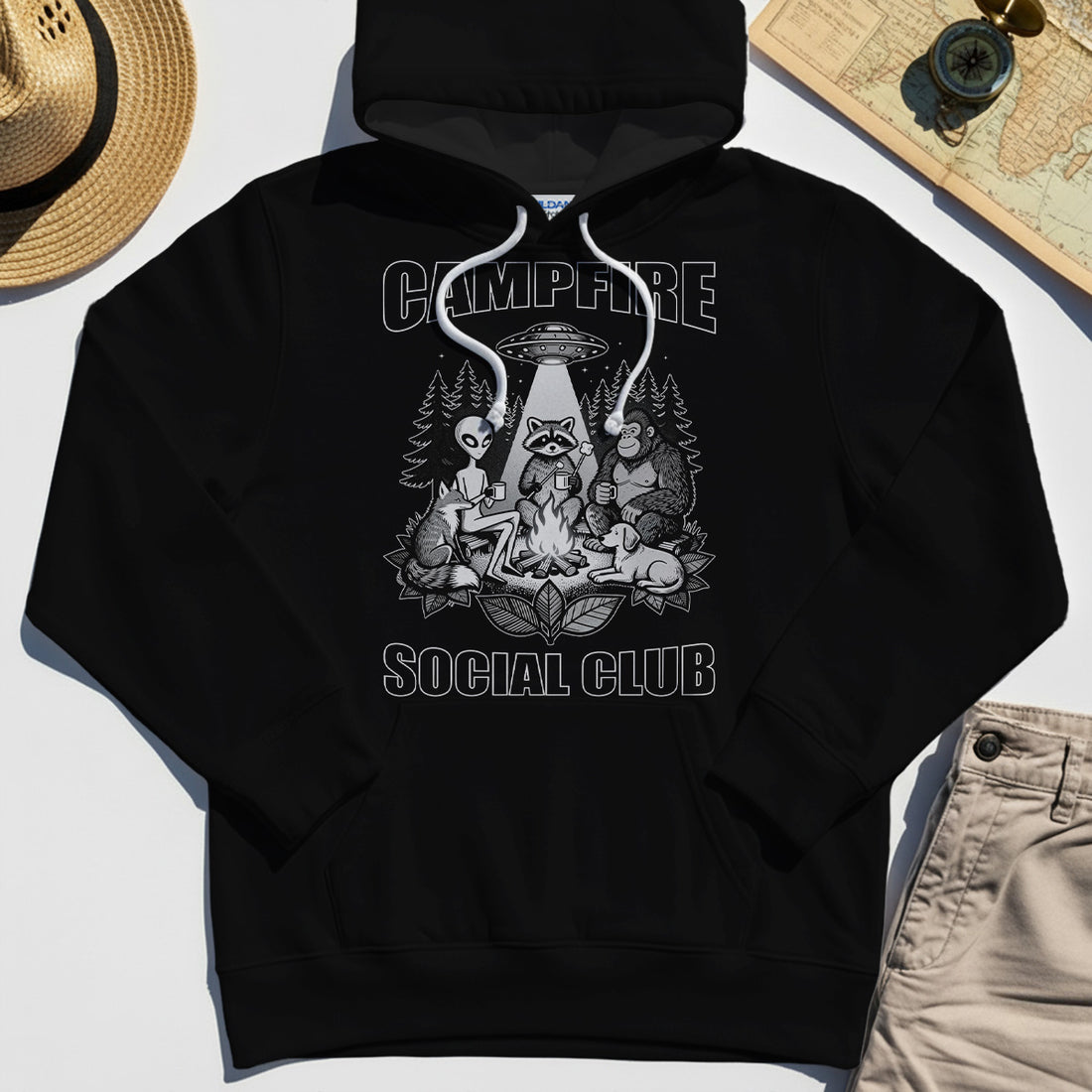 Campfire Social Club With Alien, Bigfoot, UFO And Raccoon Hoodie 1