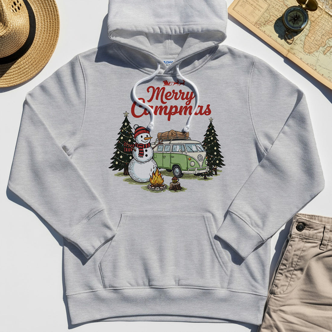 Funny Merry Christmas Camping Hoodie, Retro Camper Van Snowman Campfire Hoodies For Outdoor Lovers 1