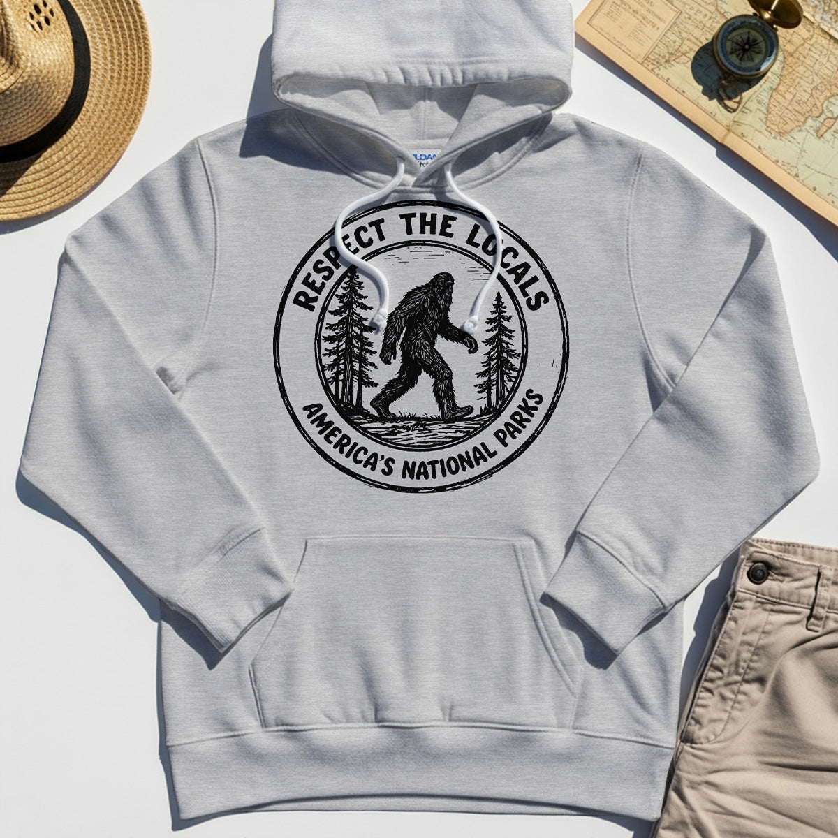 Retro Respect the Locals Bigfoot Hoodie, Funny Sasquatch National Park Camping Hoodie 8