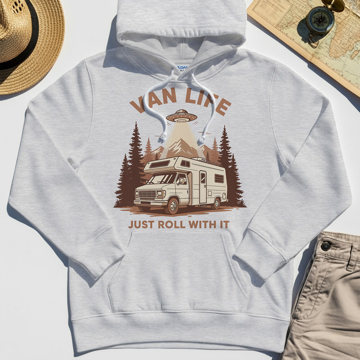 Just Roll With It Hoodies, Retro Camper Van Adventure Hoodie For Camping Lovers 5