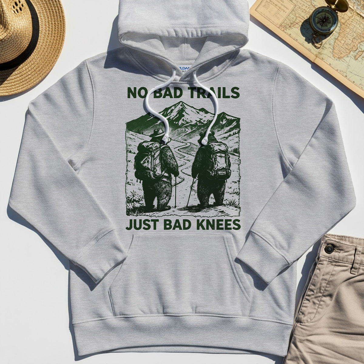 No Bad Trails Just Bad Knees Hoodie, Vintage Bear Backpacking Hoodie For Campers and Outdoor Enthusiasts 8