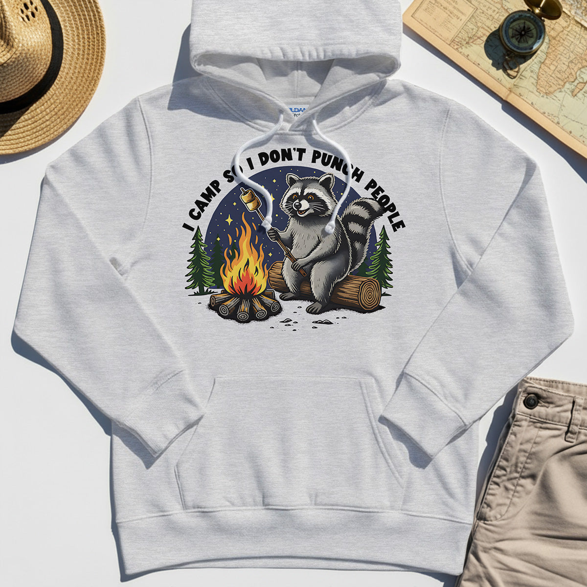 I Camp So I Don’t Punch People Hoodie, Funny Raccoon Marshmallow Campfire Hoodies 4