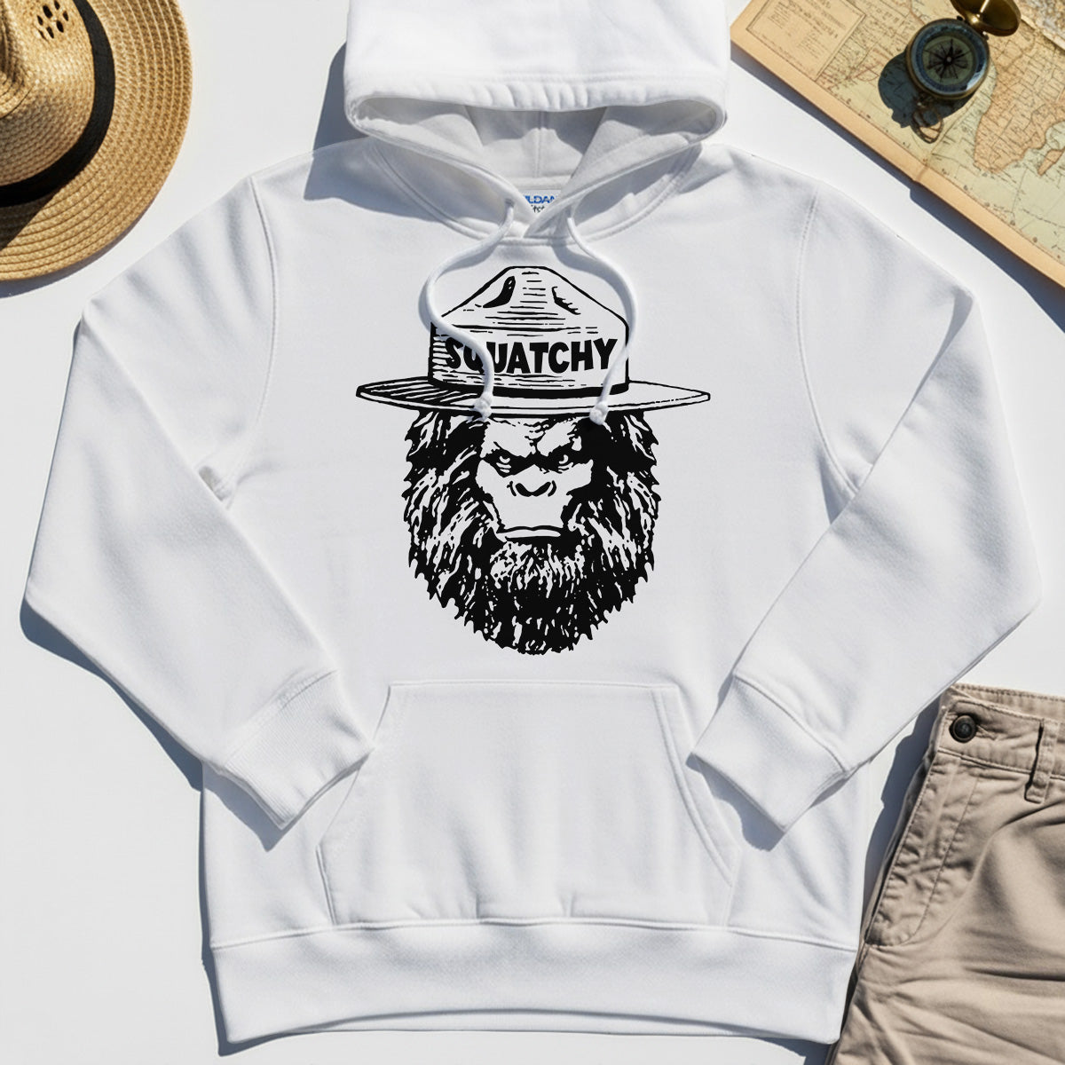 Sasquatch "SQUATCHY" Funny Bigfoot Hoodie, Retro Line Art Bigfoot Face Hoodies For Camping Lovers 8