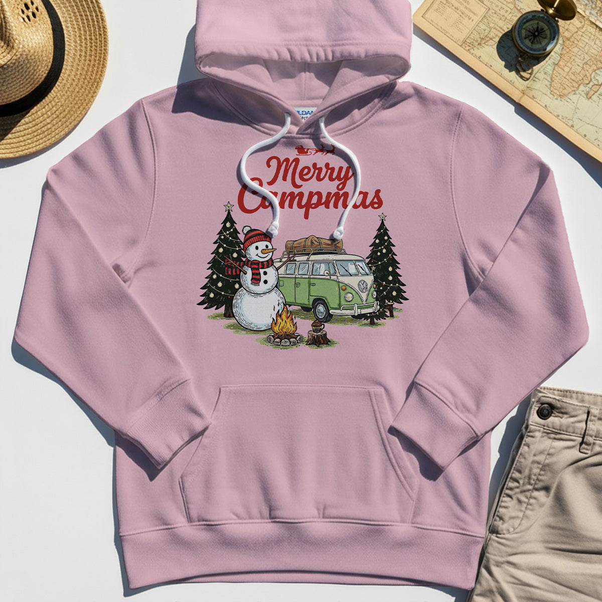 Funny Merry Christmas Camping Hoodie, Retro Camper Van Snowman Campfire Hoodies For Outdoor Lovers 7