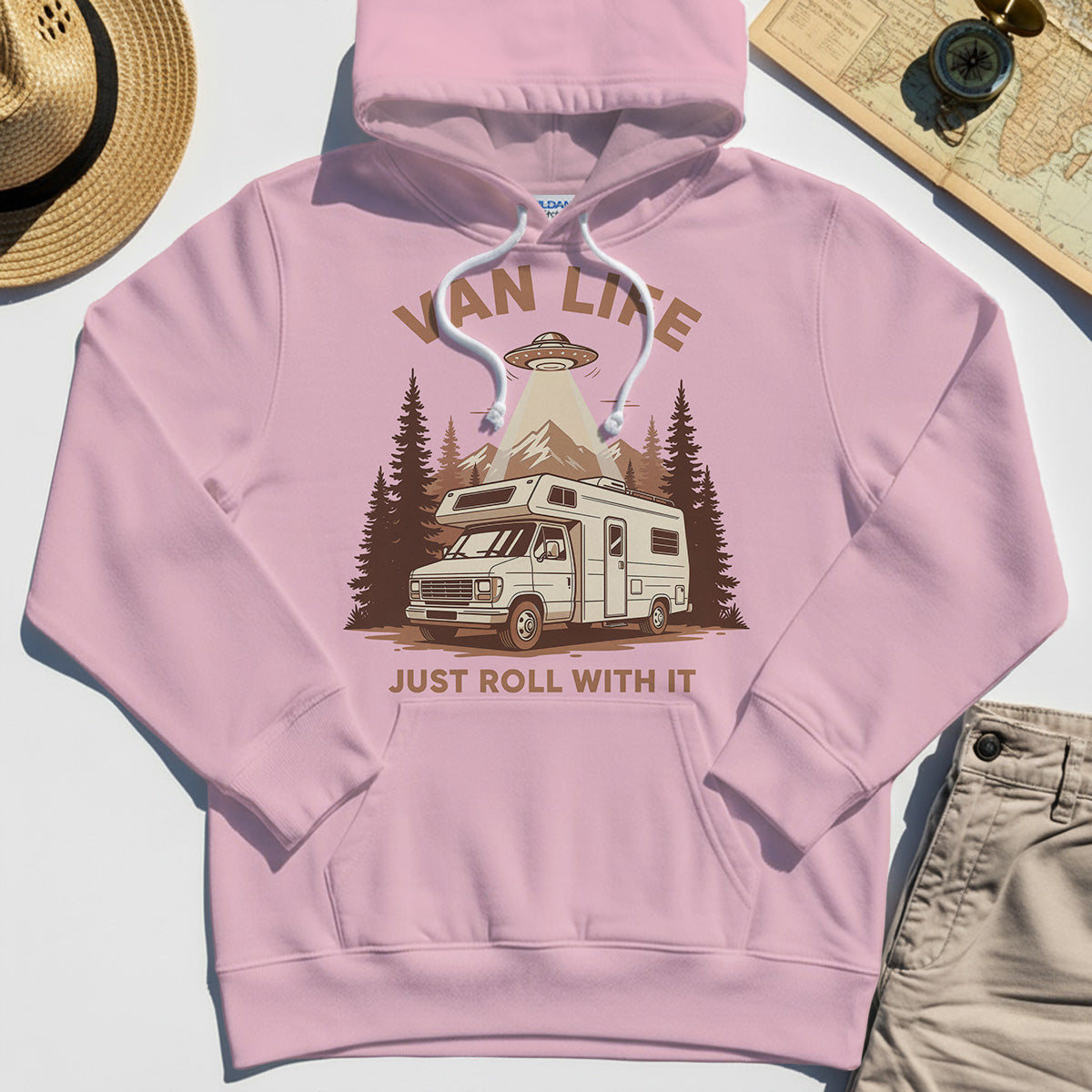Just Roll With It Hoodies, Retro Camper Van Adventure Hoodie For Camping Lovers 1