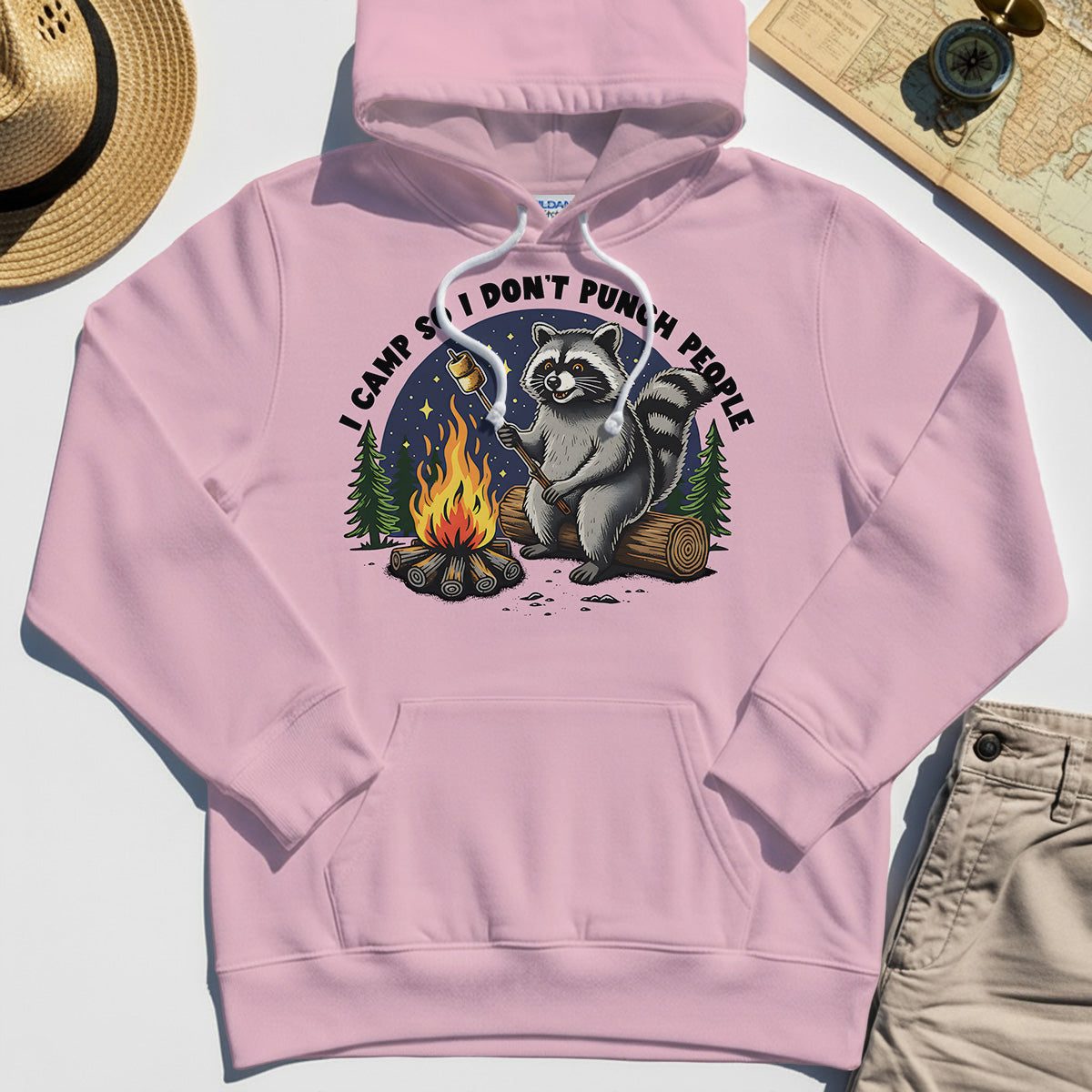 I Camp So I Don’t Punch People Hoodie, Funny Raccoon Marshmallow Campfire Hoodies 5