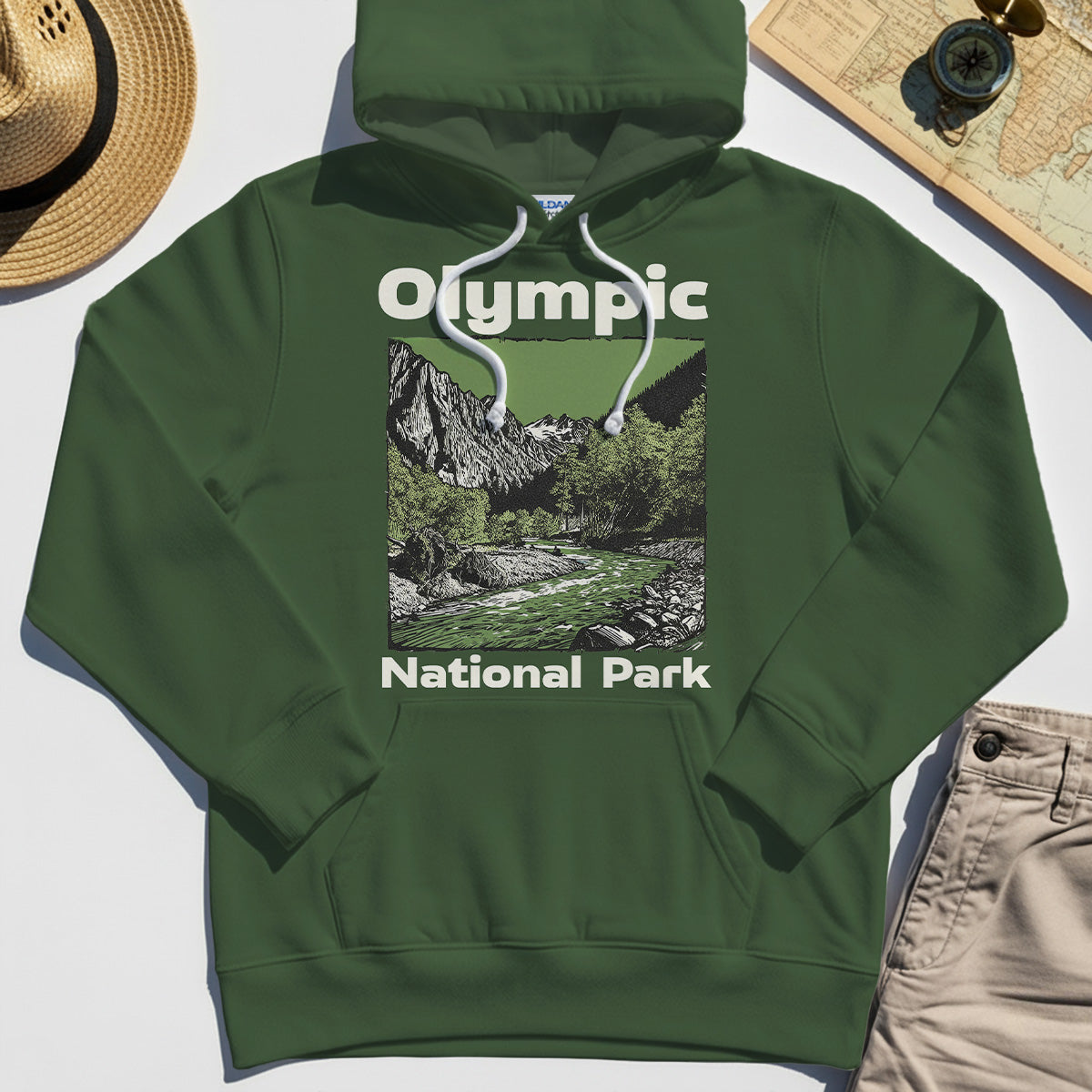 Olympic National Park Hoodie, Vintage Mountain River Scene Hoodies For Outdoor Adventure Campers 3