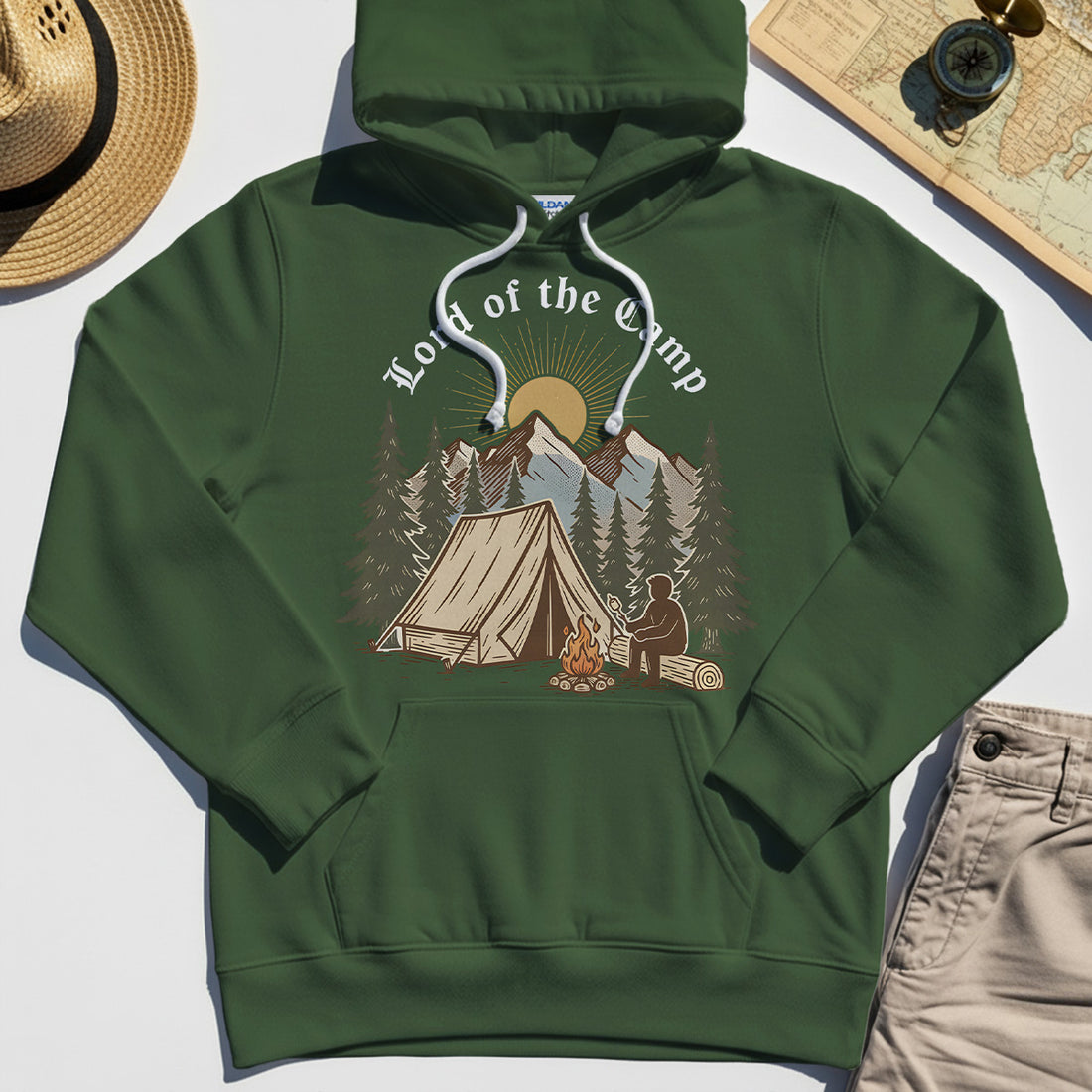 Vintage Lord of the Camp Campfire Hoodie, Tent And Campfire Mountain Scene Hoodie 1