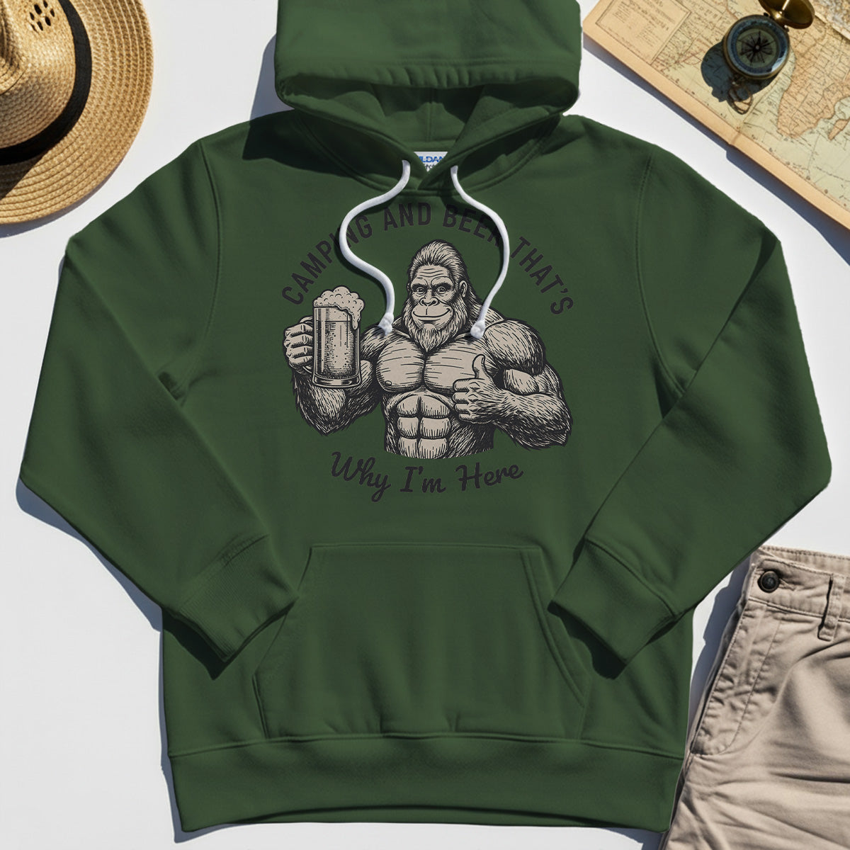 "Camping and Beer That’s Why I’m Here" Funny Bigfoot Camping Hoodie 1