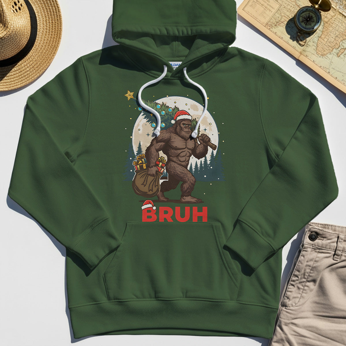 Bigfoot Christmas "BRUH" Hoodie, Retro Santa Hat Sasquatch Carrying Christmas Tree Hoodie 3