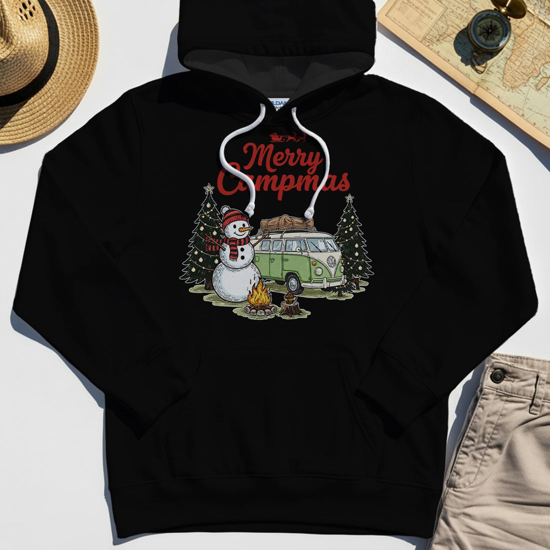 Funny Merry Christmas Camping Hoodie, Retro Camper Van Snowman Campfire Hoodies For Outdoor Lovers 1