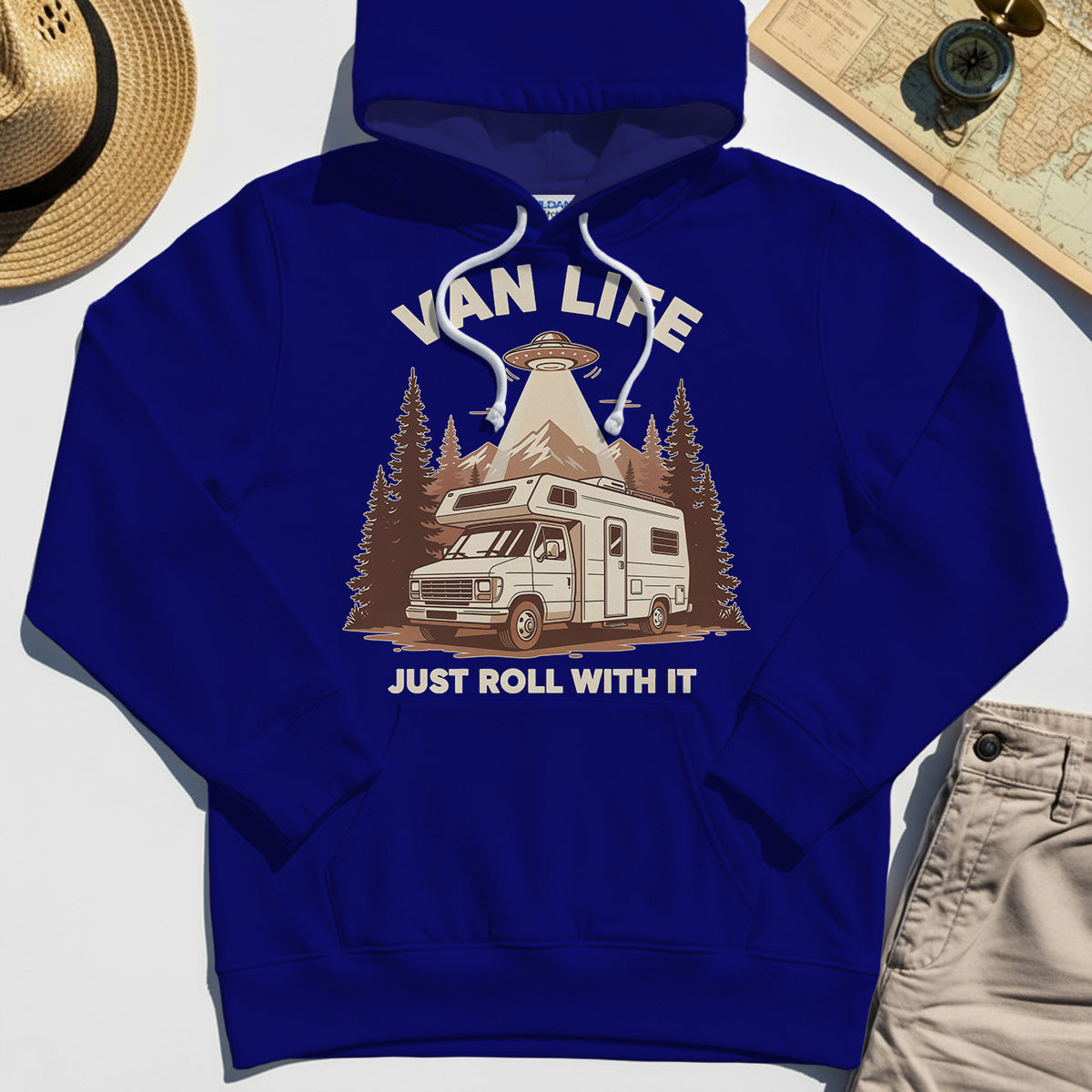 Just Roll With It Hoodies, Retro Camper Van Adventure Hoodie For Camping Lovers 6