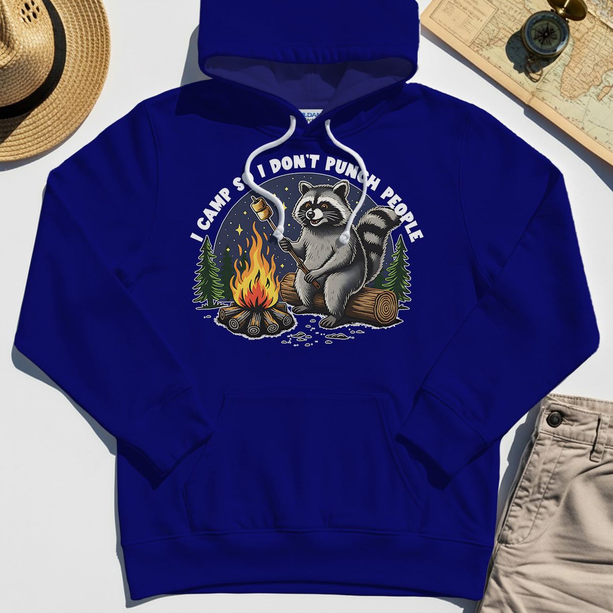 I Camp So I Don’t Punch People Hoodie, Funny Raccoon Marshmallow Campfire Hoodies 6