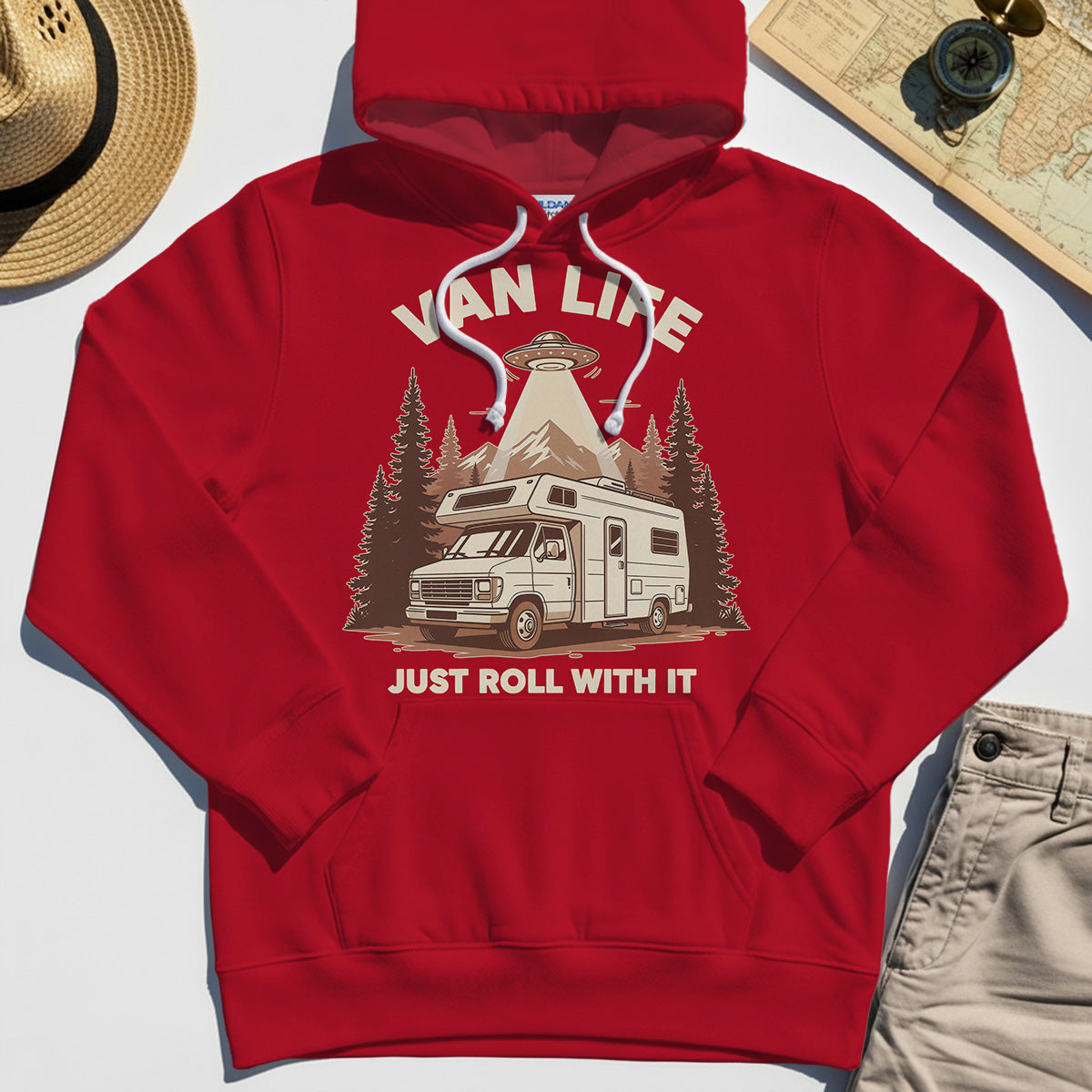 Just Roll With It Hoodies, Retro Camper Van Adventure Hoodie For Camping Lovers 7