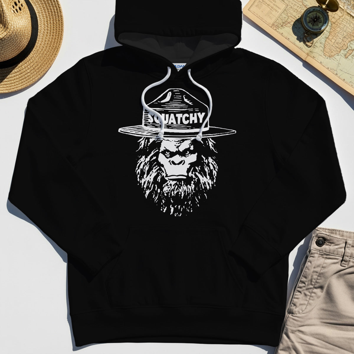 Sasquatch "SQUATCHY" Funny Bigfoot Hoodie, Retro Line Art Bigfoot Face Hoodies For Camping Lovers 1