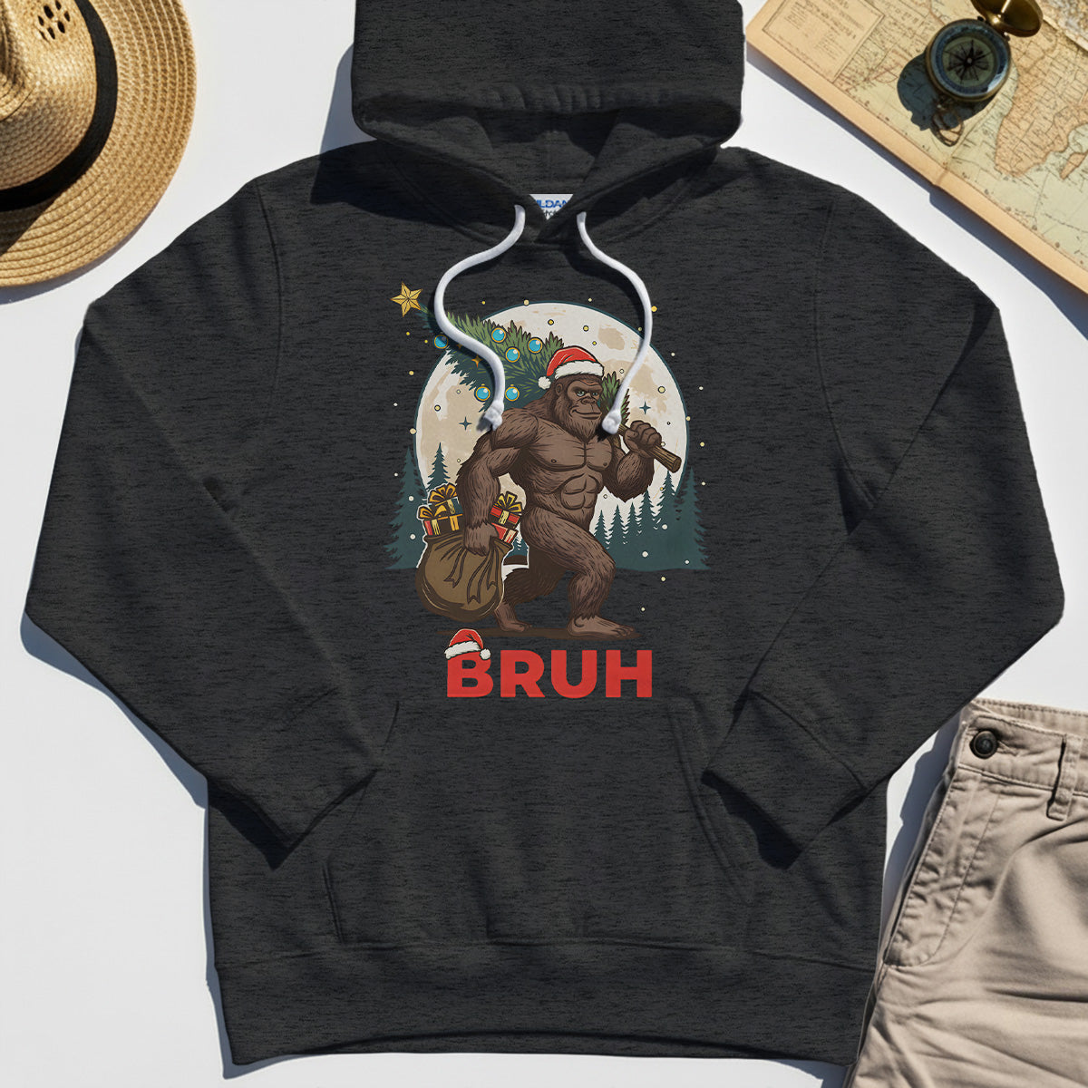 Bigfoot Christmas "BRUH" Hoodie, Retro Santa Hat Sasquatch Carrying Christmas Tree Hoodie 4