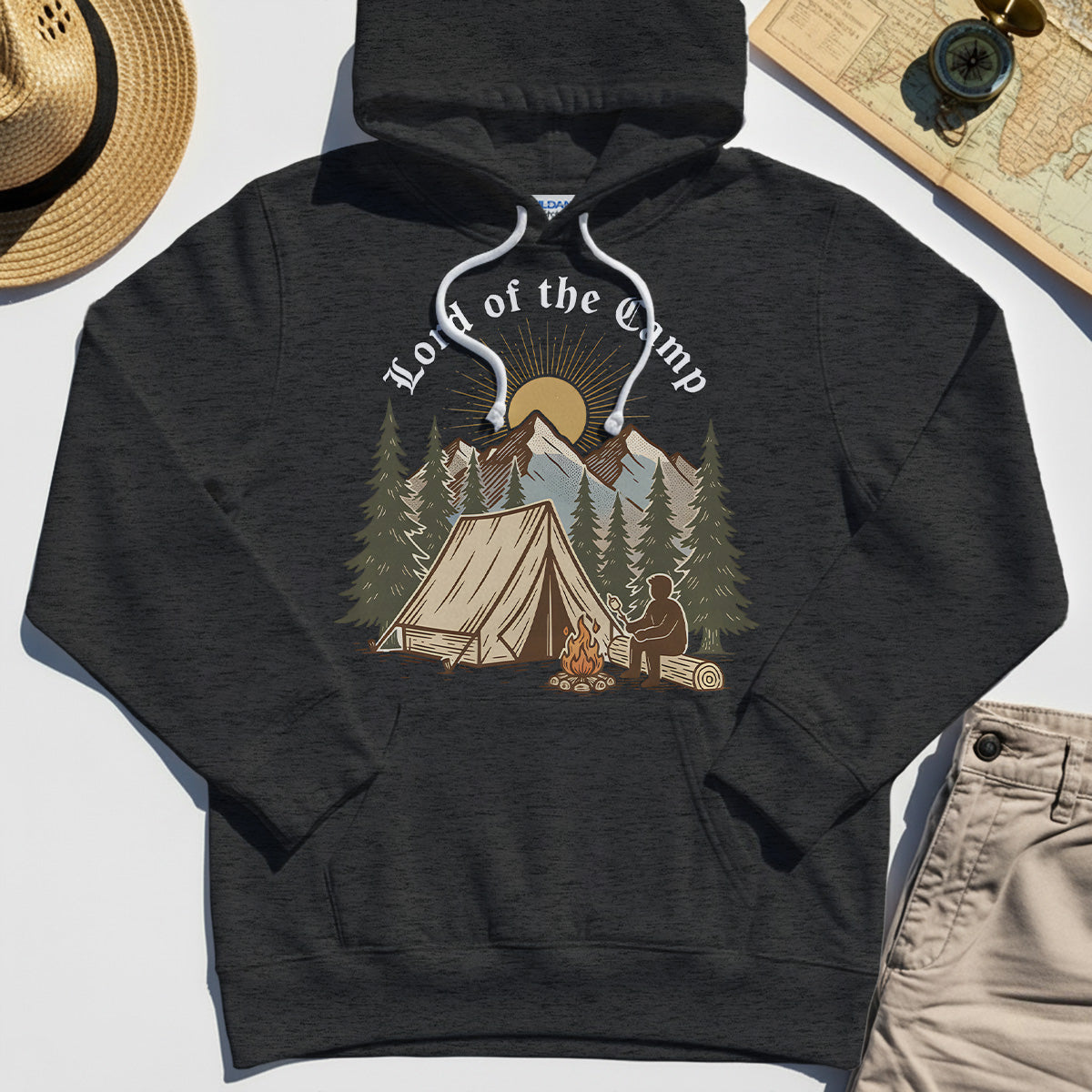 Vintage Lord of the Camp Campfire Hoodie, Tent And Campfire Mountain Scene Hoodie 3