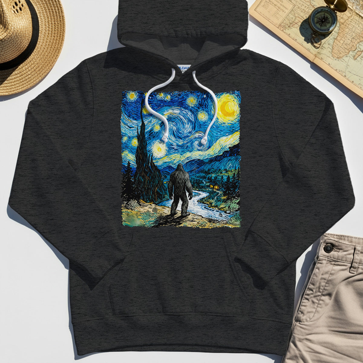 Funny Sasquatch Van Gogh Parody Hoodie, Bigfoot Starry Night Hoodie 3