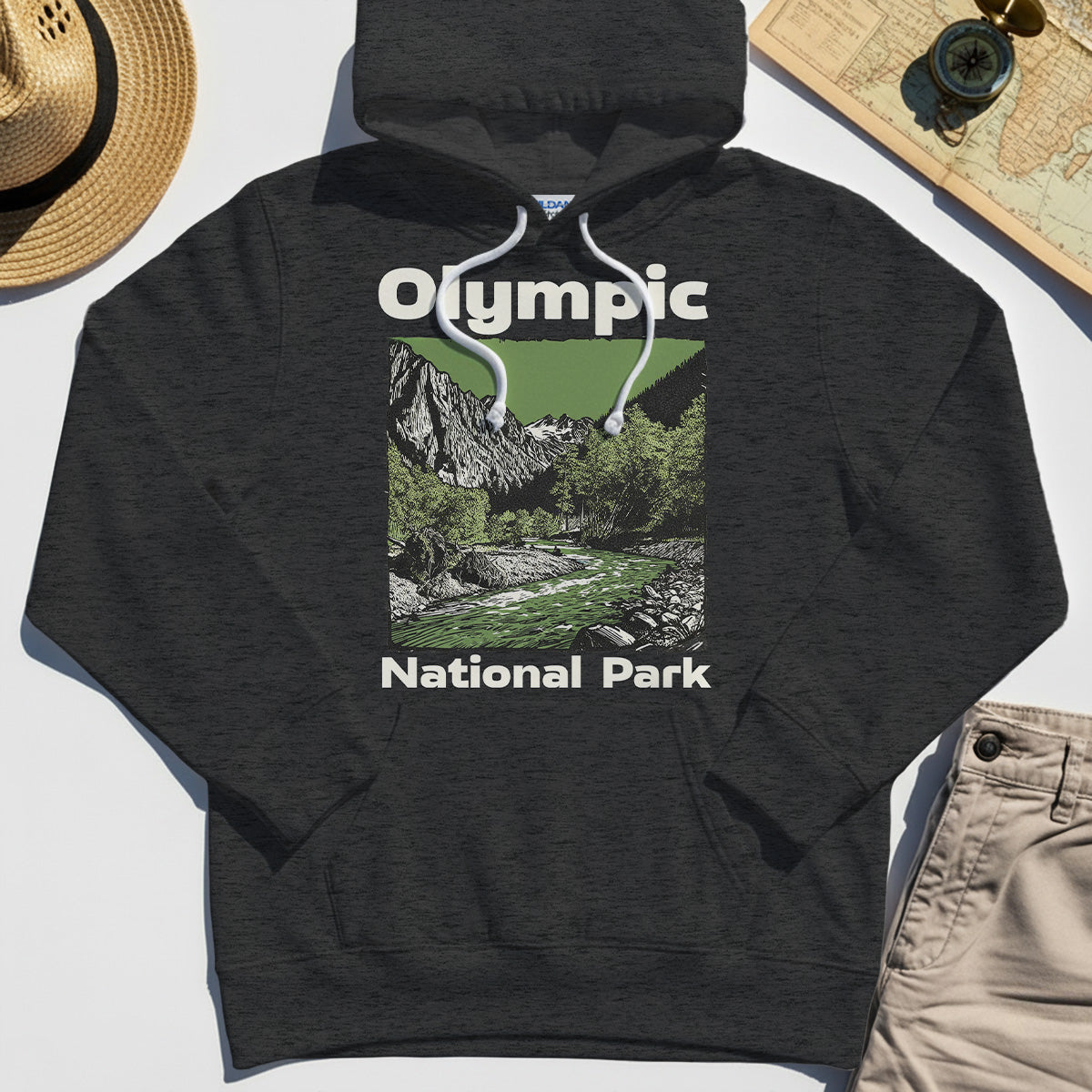 Olympic National Park Hoodie, Vintage Mountain River Scene Hoodies For Outdoor Adventure Campers 4