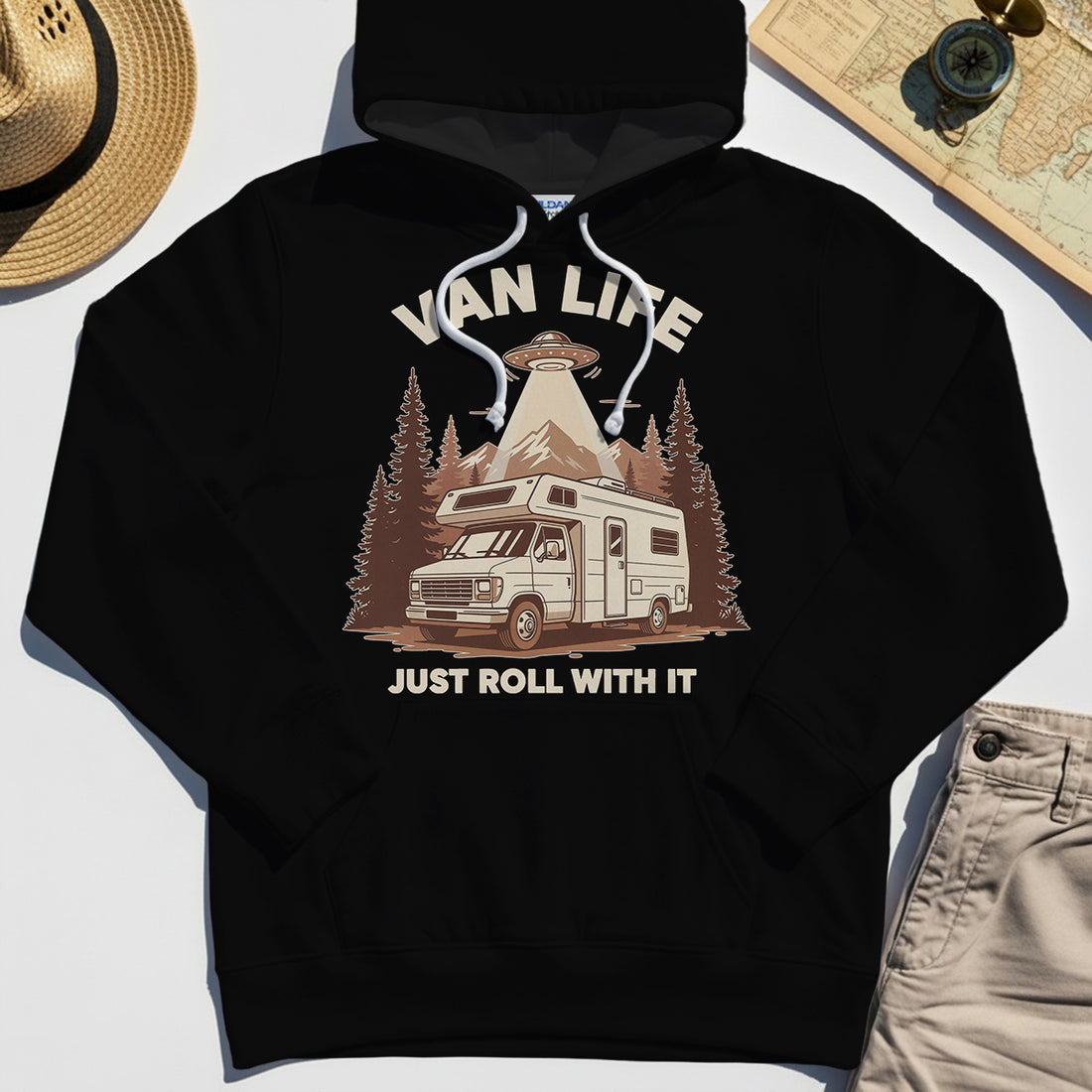 Just Roll With It Hoodies, Retro Camper Van Adventure Hoodie For Camping Lovers 1