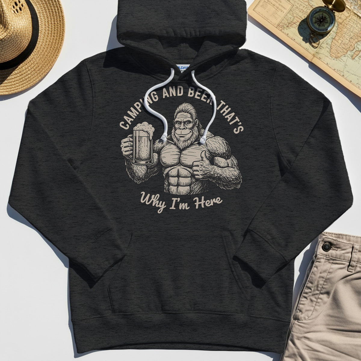 "Camping and Beer That’s Why I’m Here" Funny Bigfoot Camping Hoodie 3