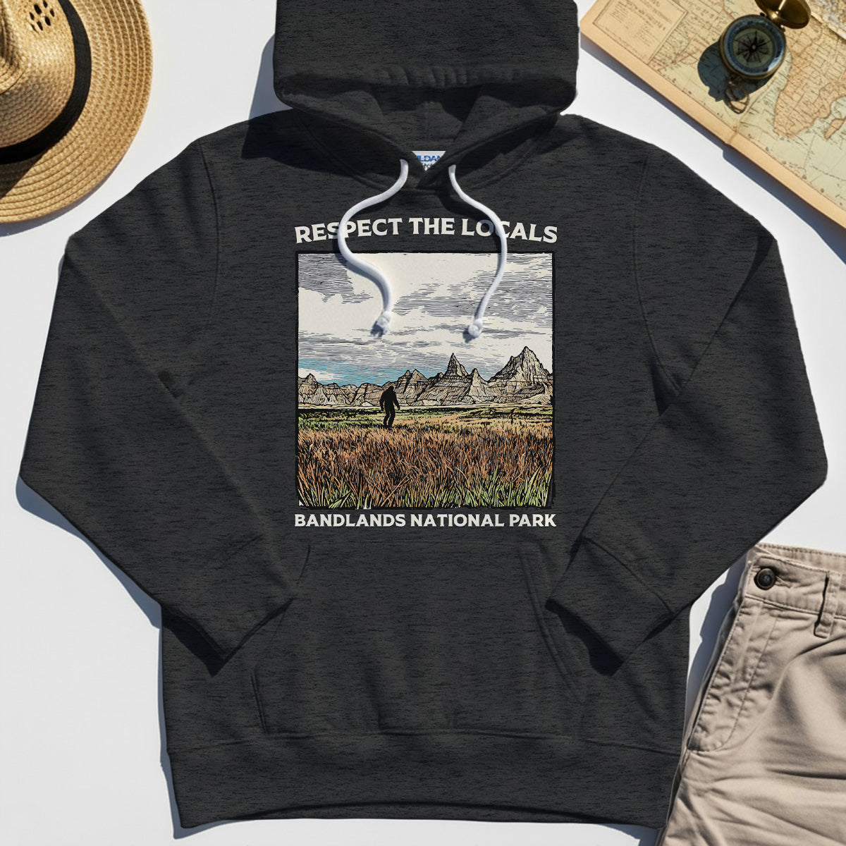 Sasquatch Respect The Locals Hoodies, Bigfoot Hiking Through Badlands National Park Hoodie 3