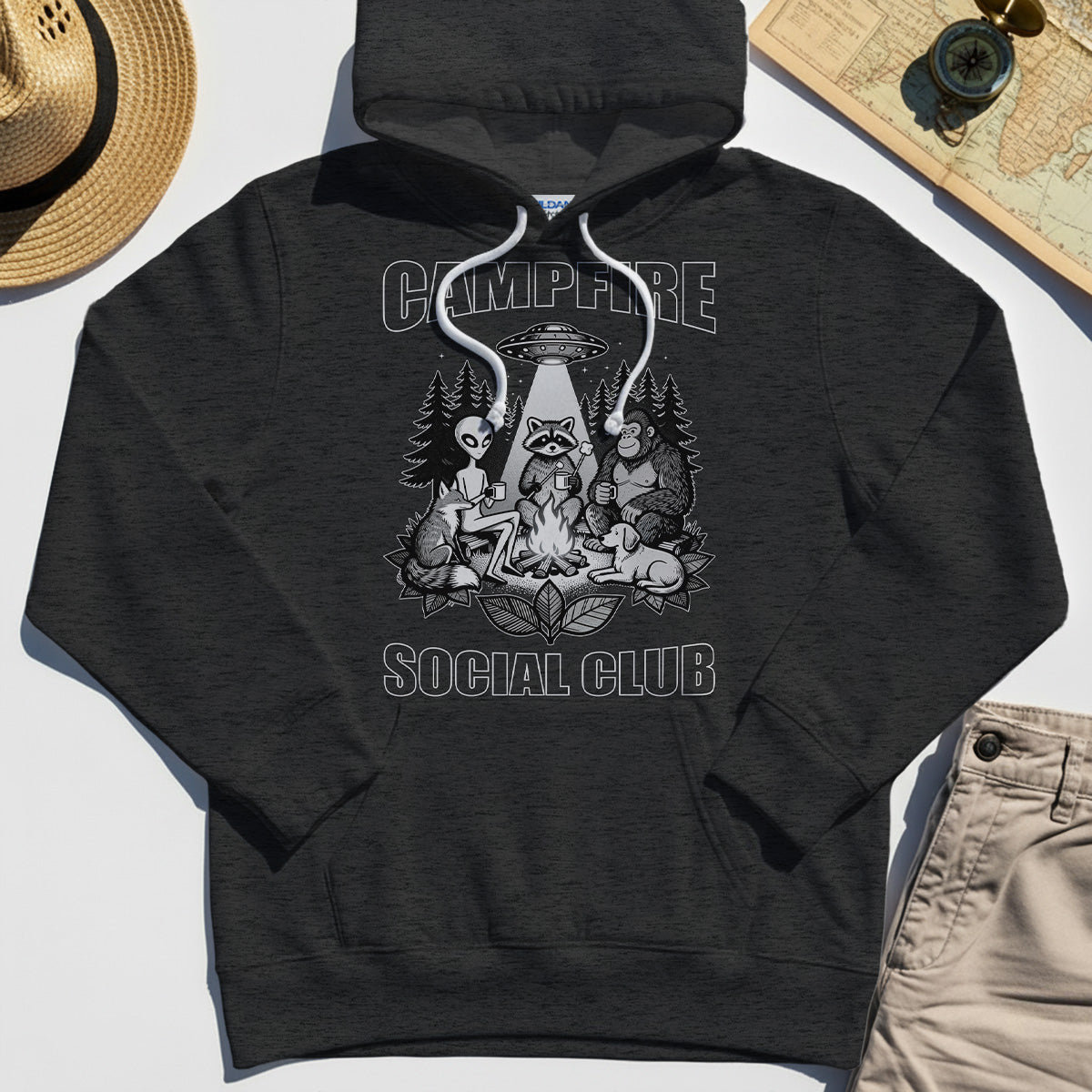 Campfire Social Club With Alien, Bigfoot, UFO And Raccoon Hoodie 4
