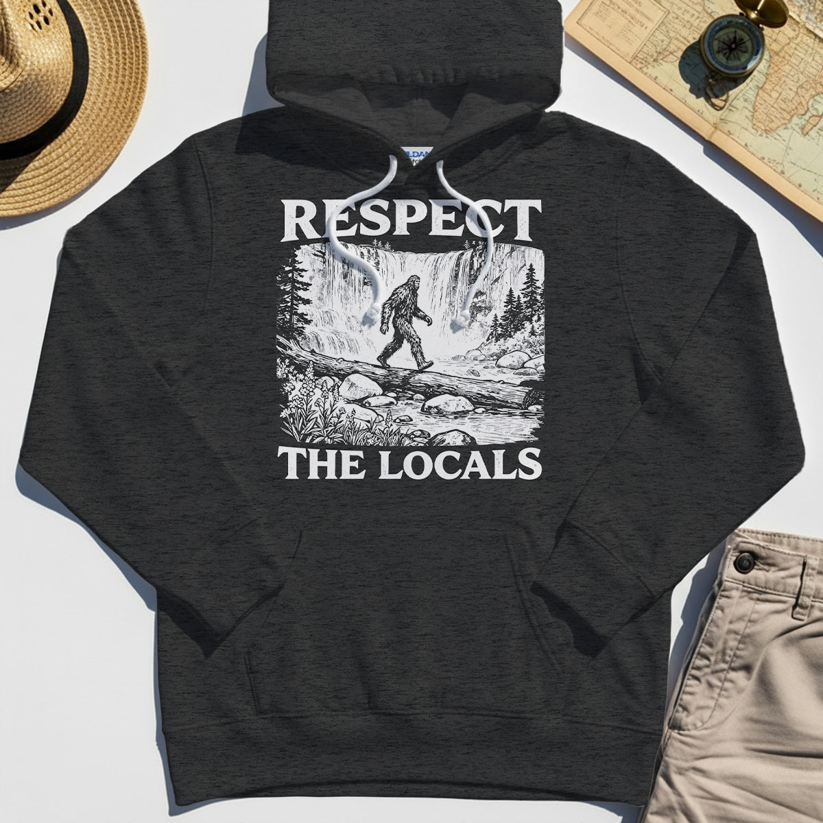 Bigfoot Respect The Locals Hoodie, Vintage Waterfall Hiking Graphic Hoodie For Camper And Adventurers 4