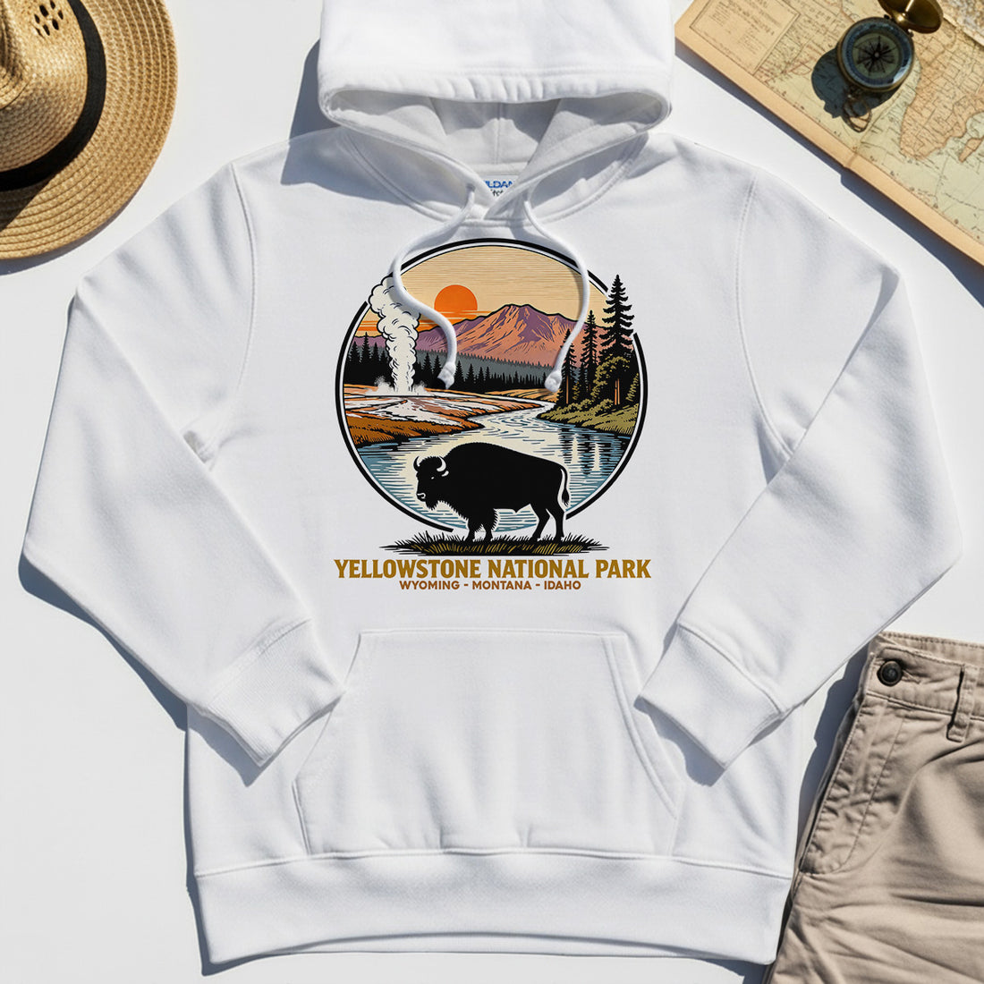 Retro Yellowstone National Park Hoodie, Bison Silhouette Outdoor Adventure Hoodies For Nature Campers 1