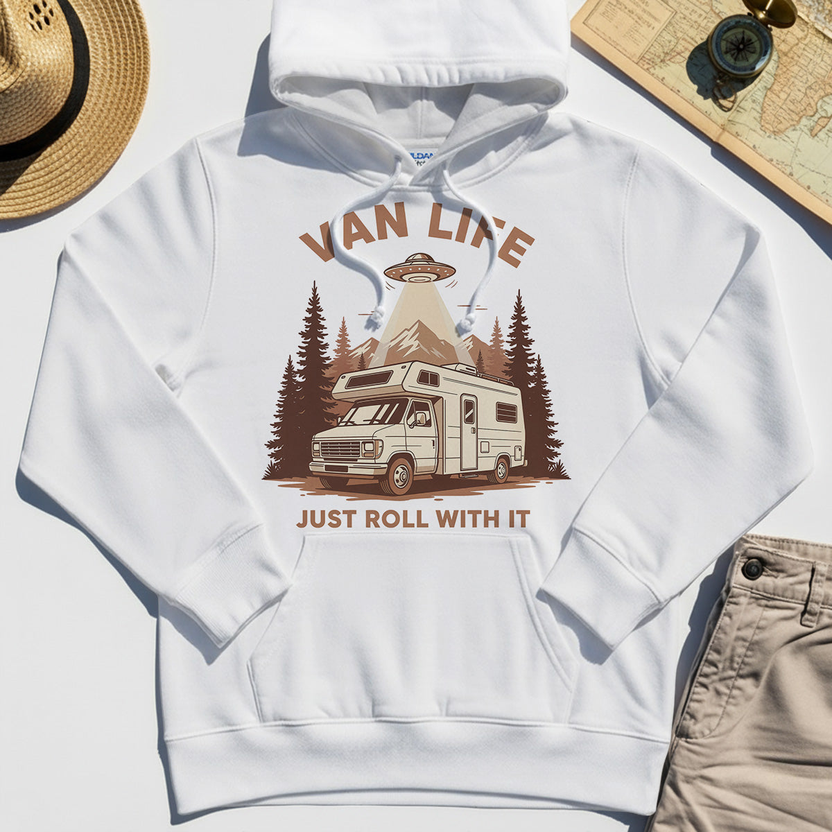 Just Roll With It Hoodies, Retro Camper Van Adventure Hoodie For Camping Lovers 8