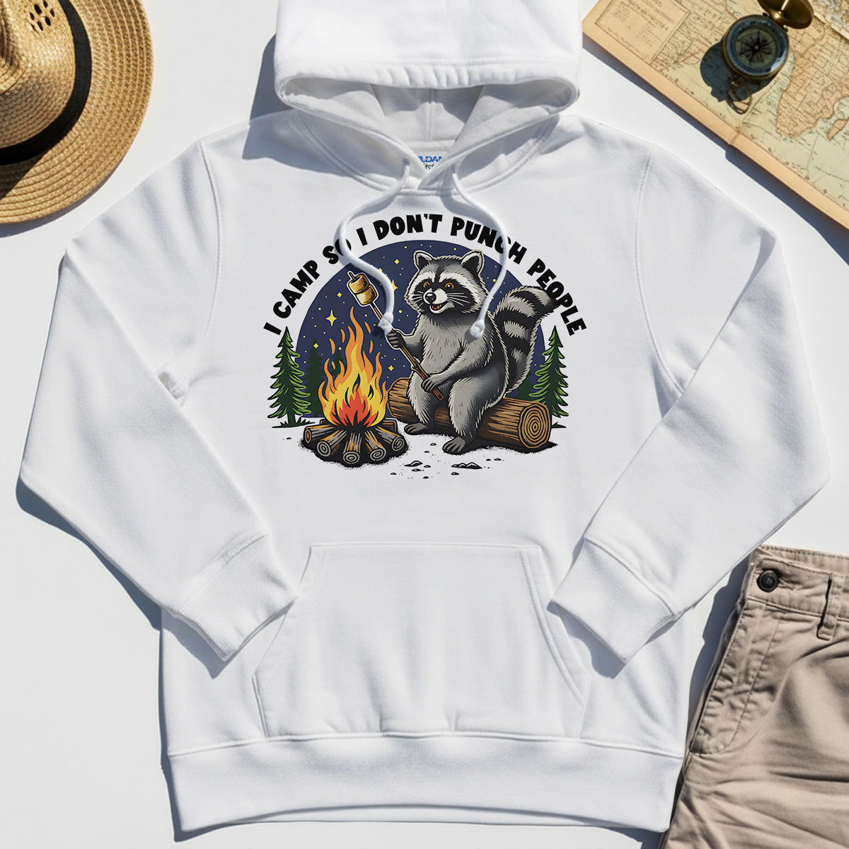 I Camp So I Don’t Punch People Hoodie, Funny Raccoon Marshmallow Campfire Hoodies 8