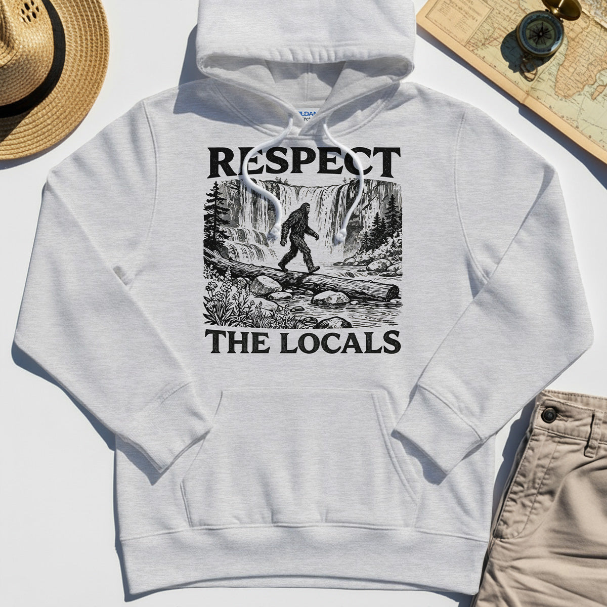 Bigfoot Respect The Locals Hoodie, Vintage Waterfall Hiking Graphic Hoodie For Camper And Adventurers 5